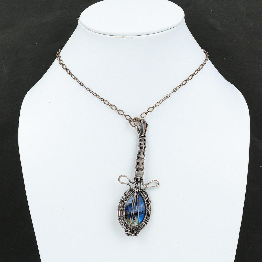 Labradorite Copper Wire Wrapped Pendant Gemstone Handmade Pendant Music Instrument Copper Jewelry Gift For Her Labradorite Guitar Pendant