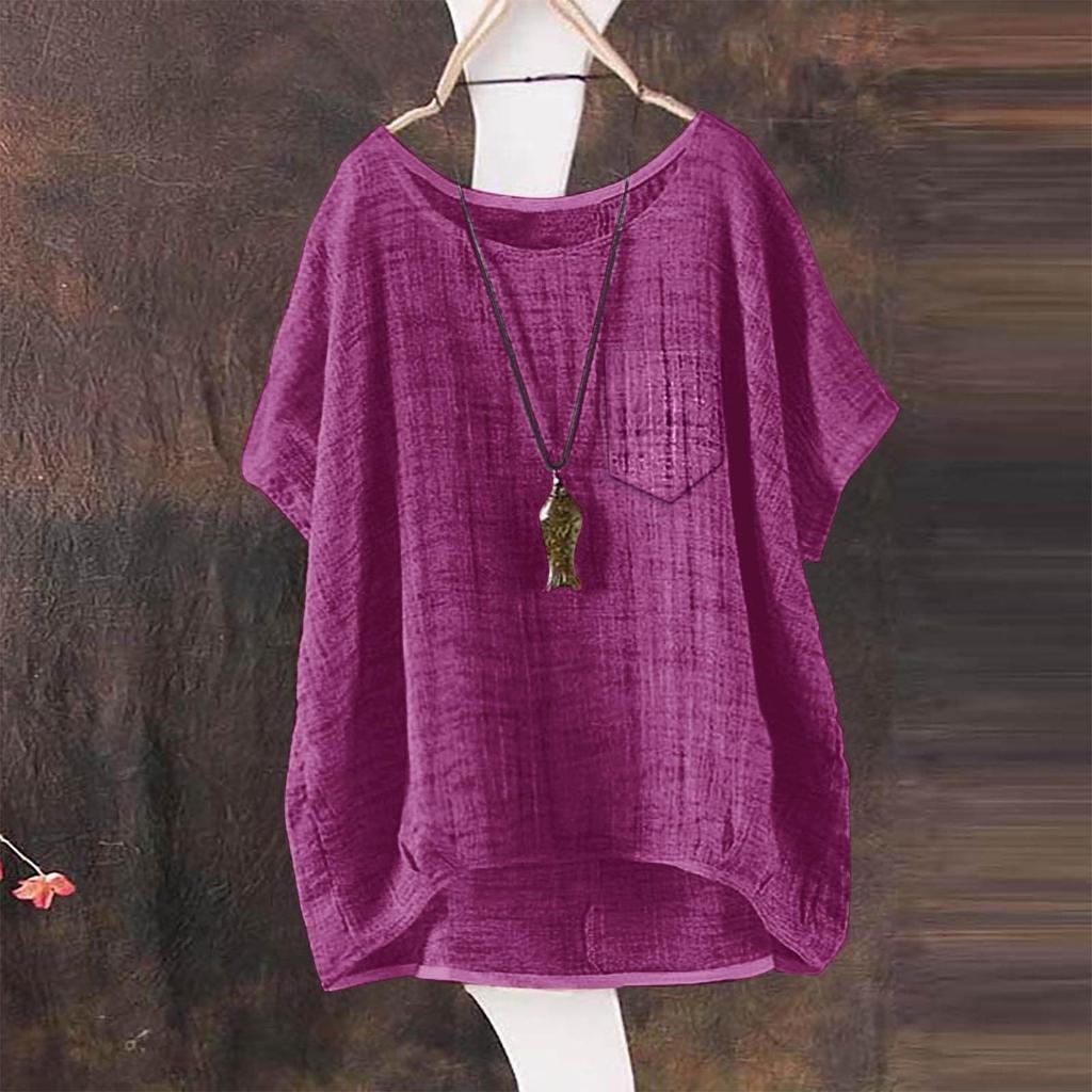 Women's Fashion Loose Round Neck Pocket Button Cotton Linen T-Shirt Casual Tops