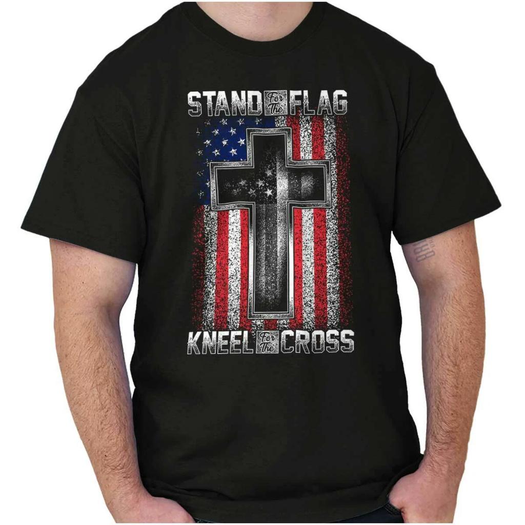 Stand with the Flag Kneel with the Cross Mens Casual Crewneck 100% Cotton T-shirt Mens Womens Tees Tops Tees