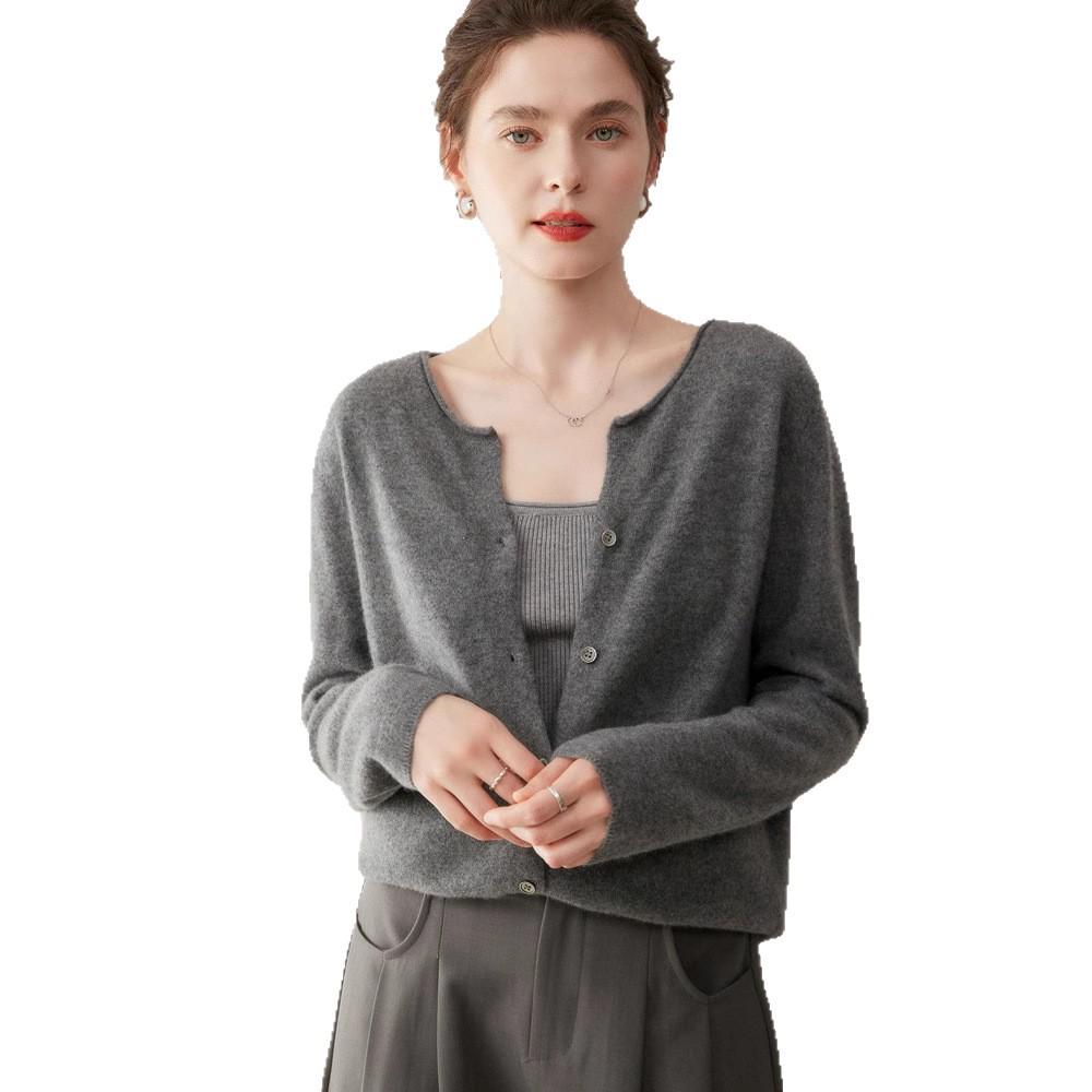 Korean Style Light Luxury Cashmere Cardigan - Women's Round Neck, Rolled Hem, Loose Fit, Slimming Knitwear Versatile Top