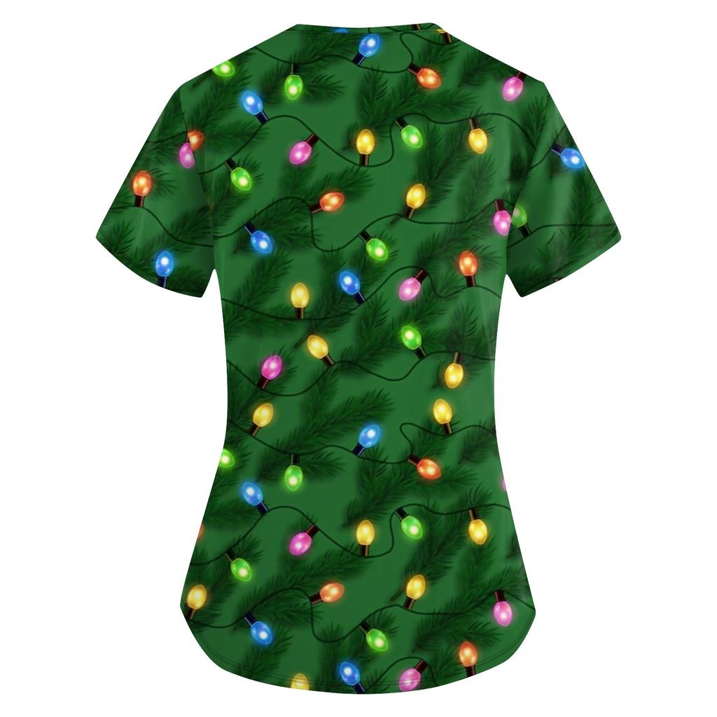 Velká pracovní uniforma s potištěným potiskem pro ženy s výstřihem do V Vánoční potisk Zábavná trička s krátkým rukávem Pracovní oblečení Tričko s kapsami