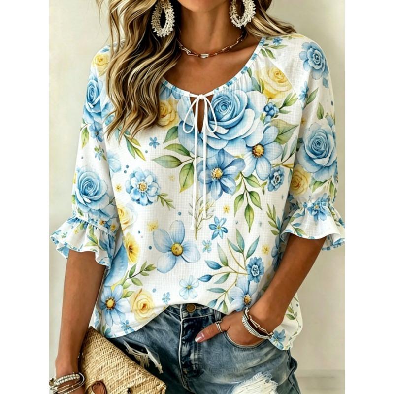 Women's White Watercolor Floral Print Tie Neck Blouse, Casual Loose Tops for Spring Summer Daily Wear & Vacation Occasions