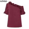 VONDA Summer Women Ruffled Off Shoulder Puff Short Sleeve Solid Color Casual Blouses