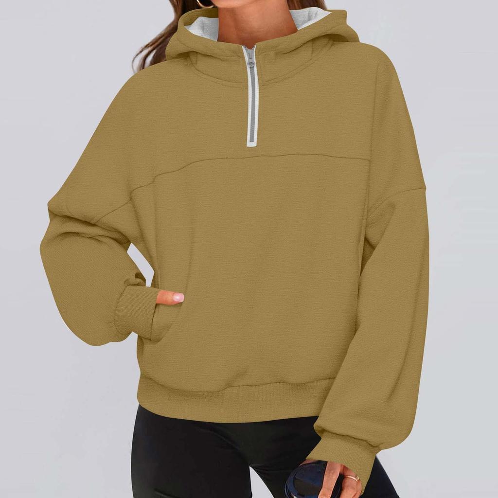 Women's Fashionable Solid Color Hooded Long Sleeved Sports Casual Pullover Sweatshirt Top