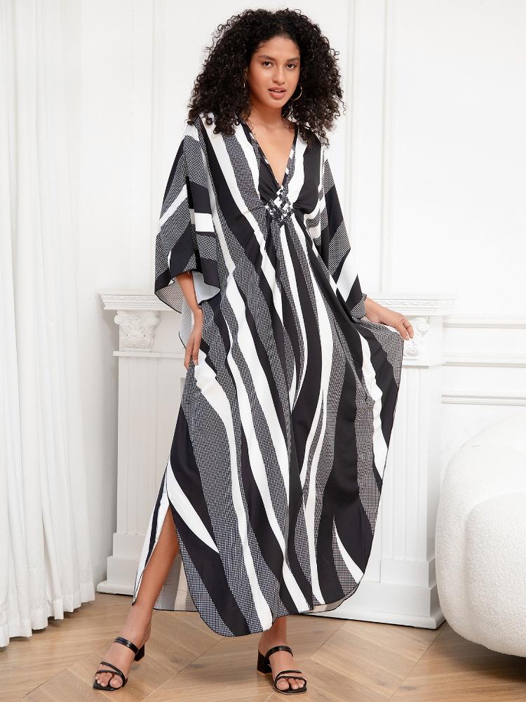EDOLYNSA Striped Lady Kaftan Black Robe Oversized Light jacket Summer wear Vacation Party Long Dress Bathrobe Beach dress Q1289