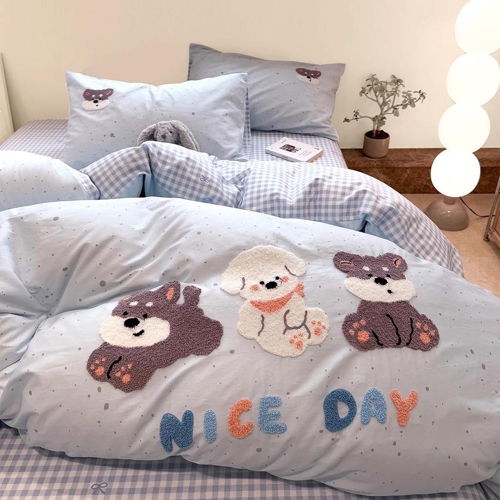 2025 New Style Full Cotton Embroidery Bedding Set: Includes Duvet Cover, Bed Sheet, and Three-Piece Dorm Towel Set