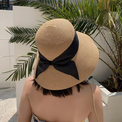 Foldable Classic Black Ribbon Bow Straw Hats For Women Girls Summer Adjustable Wide Brim Panama Caps Outdoor Beach Visors Hat