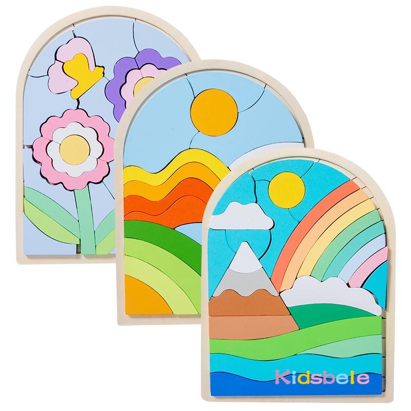 Montessori Wooden Rainbow Irregular Puzzle Board Game 3D Sensory Game Toy Kid Shape Color Recognition Building Blocks Party Gift