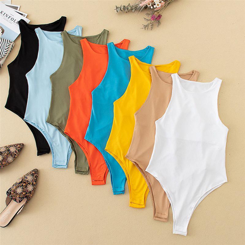 Tuta Body Monopezzo da Donna Europea e Americana Senza Maniche con Spacco Alto a Colore Unito