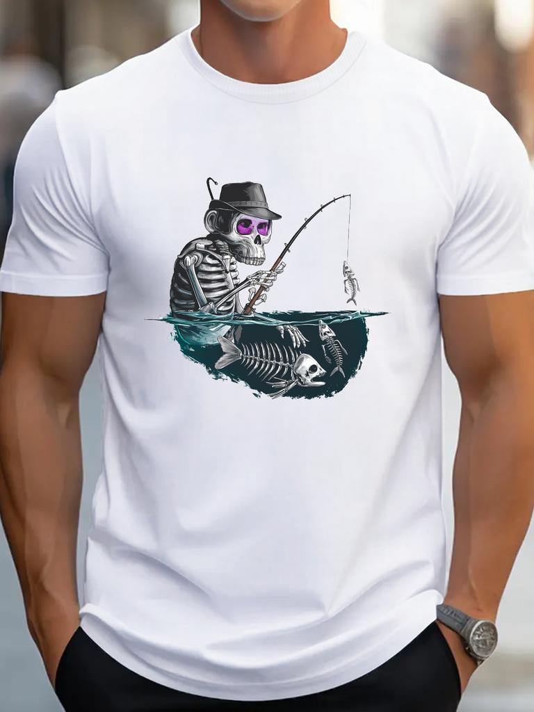 Skeleton Fishing Graphic Tee Skull Surrealistic Print Casual Mens Short Sleeve TShirt