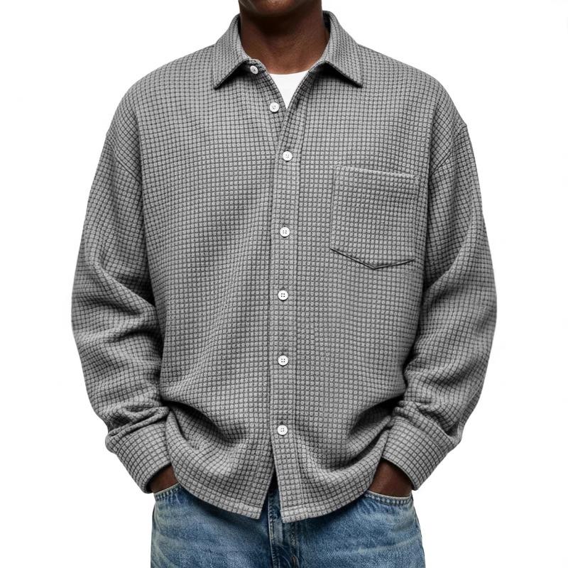 Mens Casual Waffle Knit Long Sleeve Button Down Shirt S