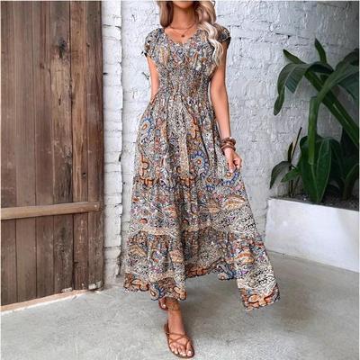Women's Bohemian Print Sleeveless V-Neck High Waisted Long Floral Dress Clothes Sale