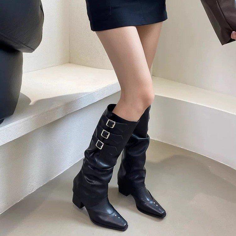 The boot can be removed~ two wear thick heel high boots women's French square head belt buckle trouser tube boots slim retro boots