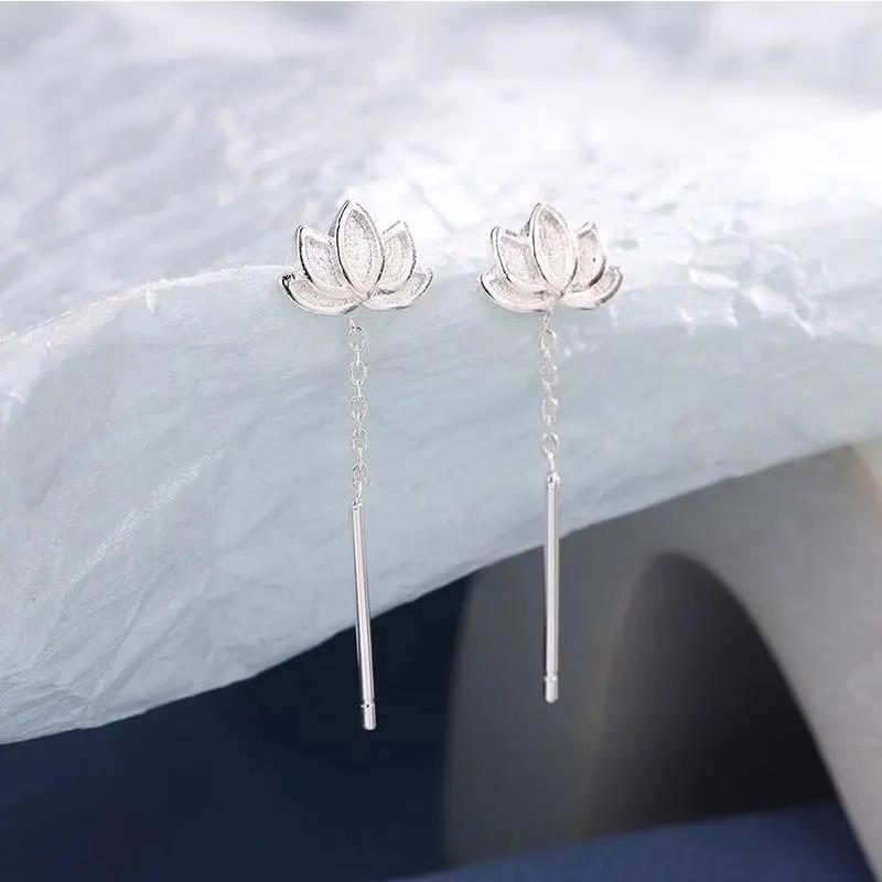 Real 925 Silver Long Cute Lotus Tassels Drop Earrings for Women Plant Fine Jewelry Allergy Minimalist Accessories