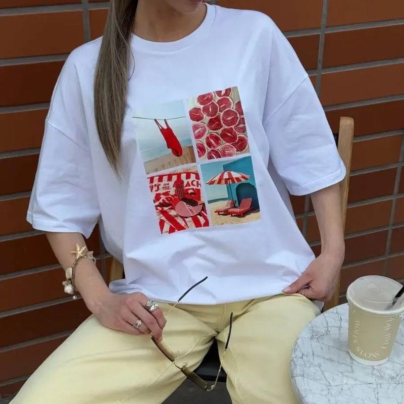Retro Style Cotton Graphic Tops Cartoon INS Style Street Loose Summer Vacation Casual Women T-shirt Short Sleeve Female Clothing