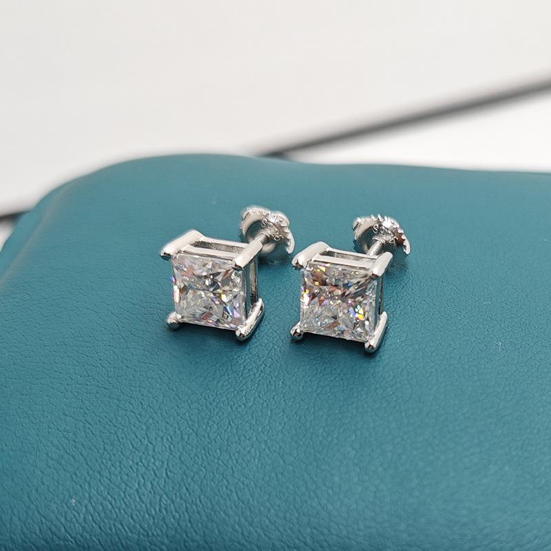 925 Silver Moissanite Princess Cut Square Stud Earrings 1ct High Carbon