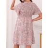 QICED Maternity Wear Summer Chiffon Printed Ruffled Dress Tea Break Dress Tied Short Skirt