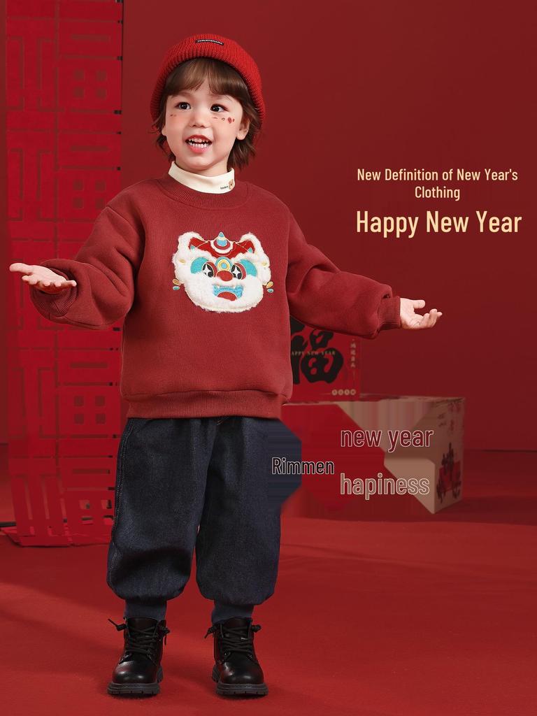 Europäisches Jungen-Sweatshirt mit rotem Fleece-Futter für Neujahr - Herbst Winter Kinderkleidung
