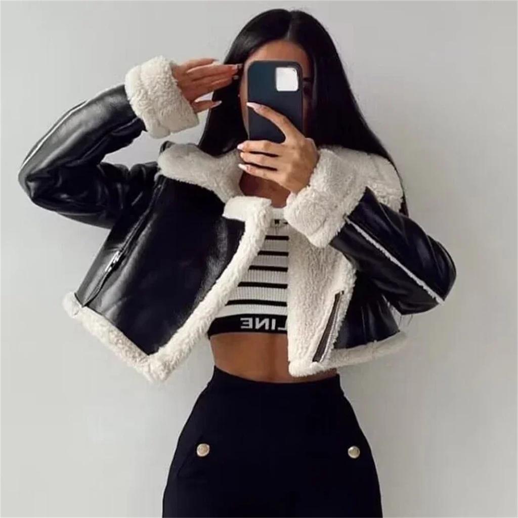 Damer Ensfarget Kort Skinnjakke Glidelås Lange Ermer Høst Vinter Kåpe Vintage Feminin Chic Dame Antrekk Korte Jakker