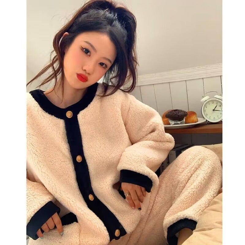 

Жіноча піжама осінь і зима плюс оксамит товстий кораловий оксамит Солодкий і милий домашній сервіс для збереження тепла Комплект з двох предметів зимовий XXL бежевий