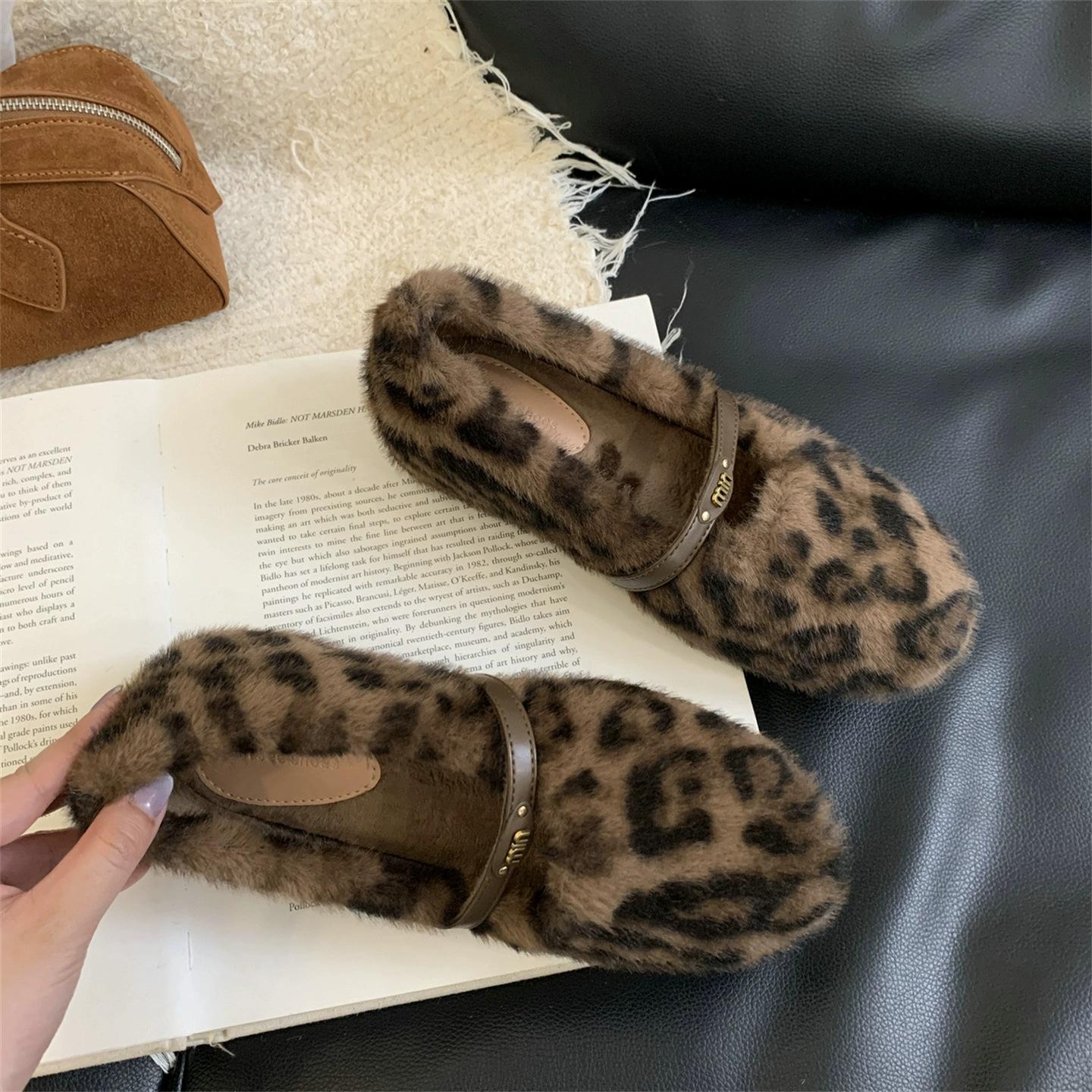 

Jaguar Hair Туфли Мэри Джейн Мао Мао Женская обувь 2025 Новые осенне-зимние плюшевые хлопковые туфли Теплые плюшевые туфли 40 леопардовый