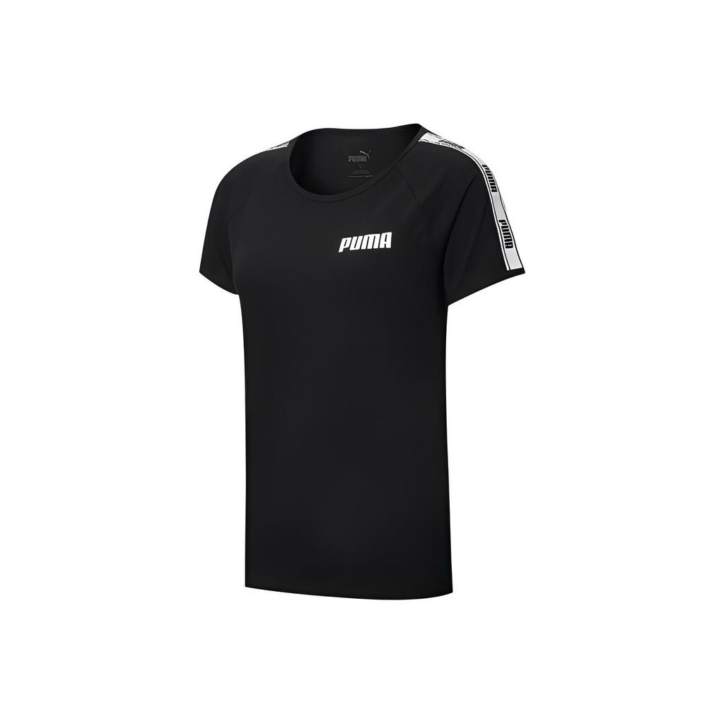 Puma Tape Logo Print Vintage American Style Crew Neck Short Sleeve T-Shirt Women Tops Black 587004-01