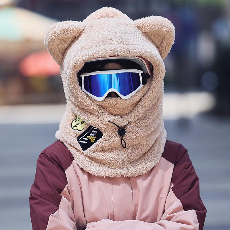 

Ski helmet hat women winter outdoor sports warm cold cycling neck protection scarf plush pullover hat бежевый