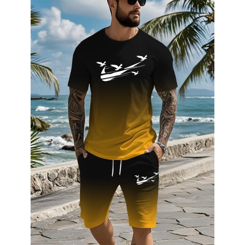 Men's Gradient Two-piece Summer Set with Short Sleeves Suitable for Casual Daily Wear, Lightweight and Breathable Short Sleeve S