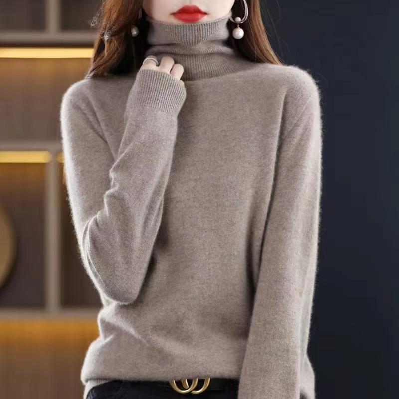 Winter Sweater Long Sleeved Knitted Sweater Solid Color Versatile Temperament Women's Base Shirt
