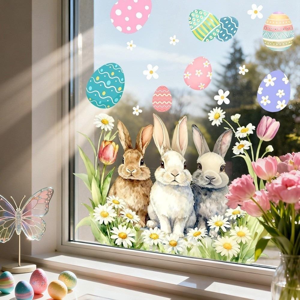 Easter Flower Rabbit Sticker PVC Festival Party Sticker New Wall Stickers  Window Decoration