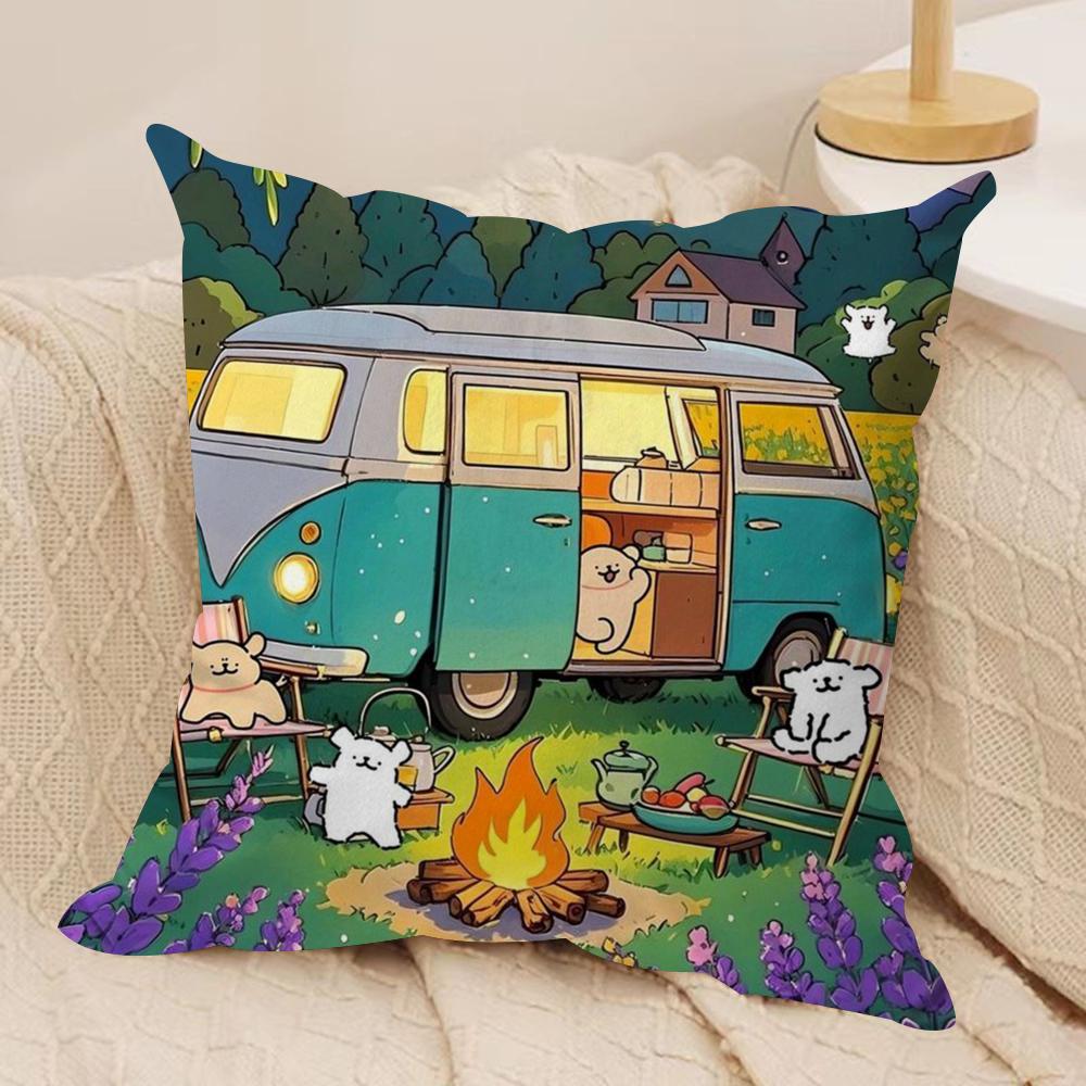 Happy Camper Cartoon House Cushion Cover Pillowcase Ultra Soft Skin Friendly Fabric Cloud Like Comfort  Concealed Zipper
