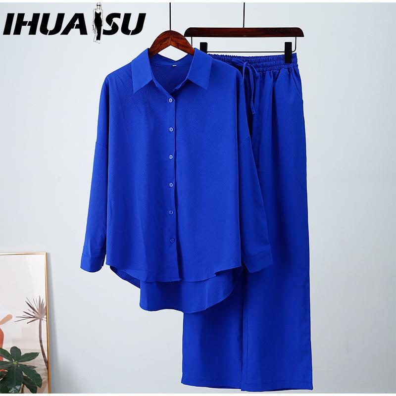 IHUASU Autumn and Winter Loose Stretch Wrinkled Long-sleeved Shirt Wide-legged Trousers Leisure Suit Female Two-piece Set