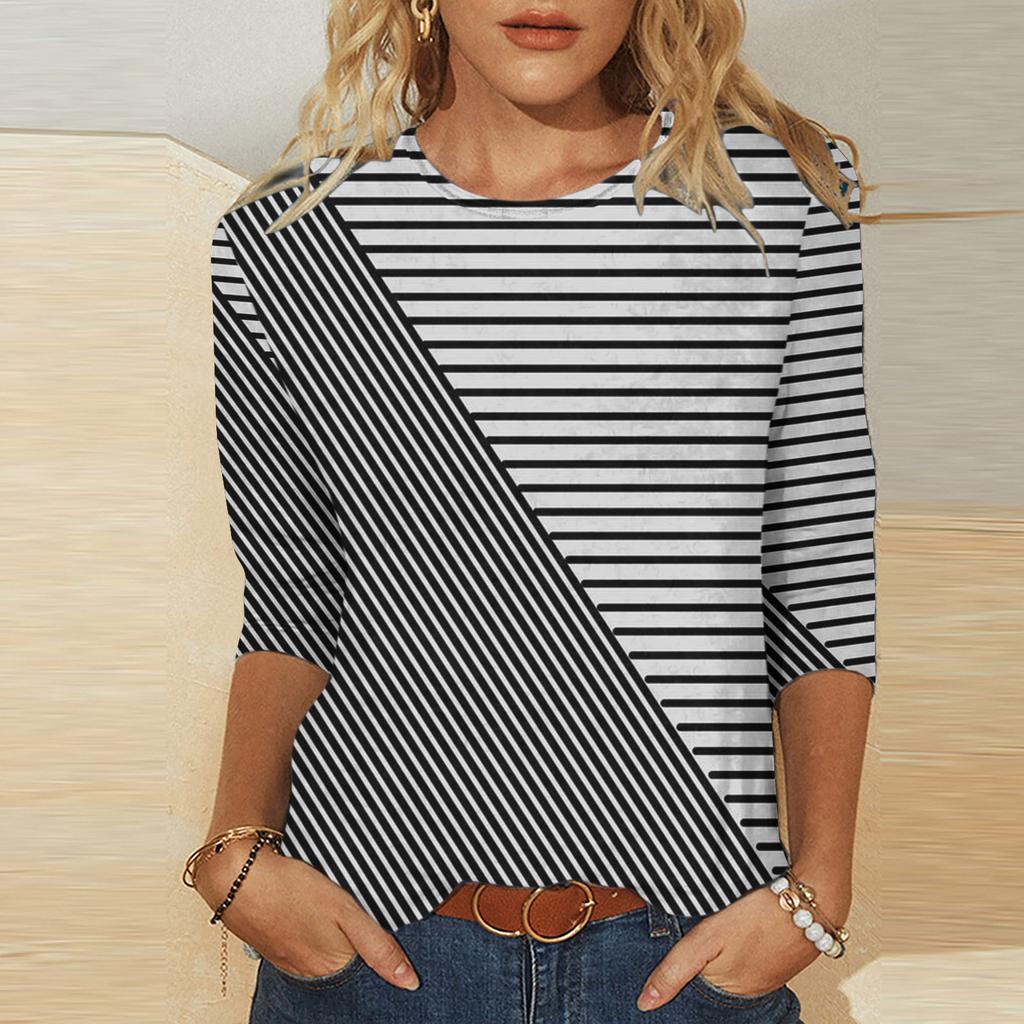 Umělecký geometrický vzor potištěný top Módní kontrastní barva Personalizovaný kulatý výstřih Dámská trička s dlouhým rukávem