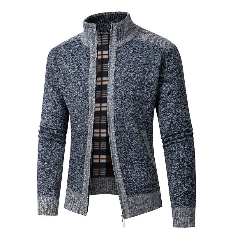 Autumn Winter New Style Men Stand Collar Color Block Outer Wear Cardigan Fleece Lined Thick Warm Knit Coat