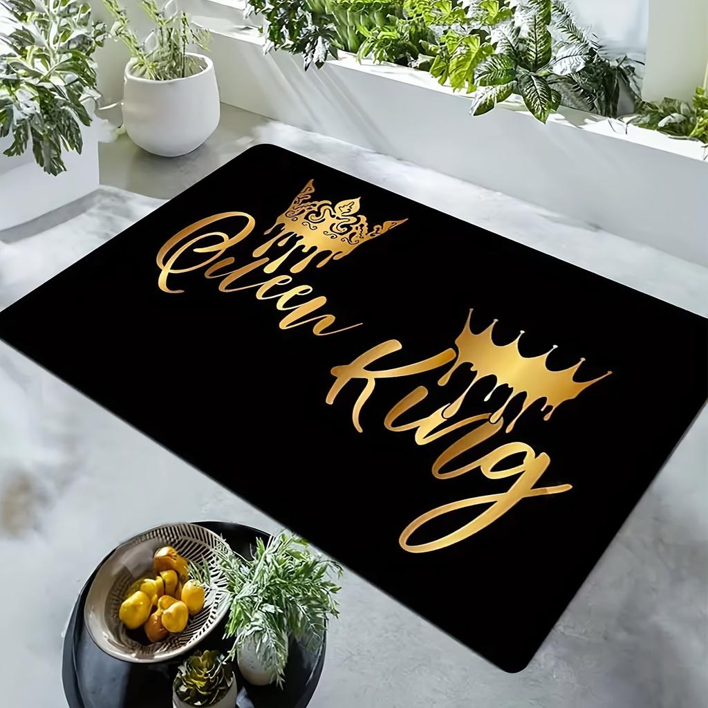 Queen & King Crown Floor Mat, Black with Gold Cursive Text, Soft Touch & Non-Slip, Perfect for Kitchen, Living Room & Home Decor