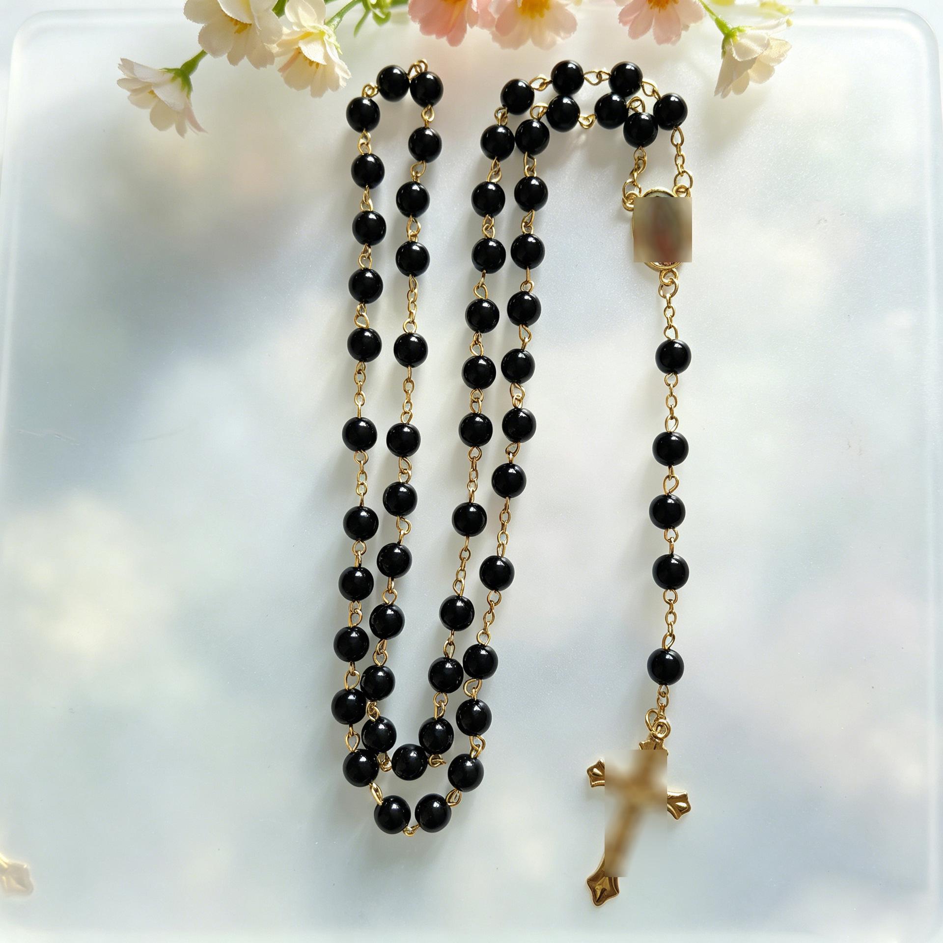 8mm Beaded Cross Pendant Necklace Chain Rosary