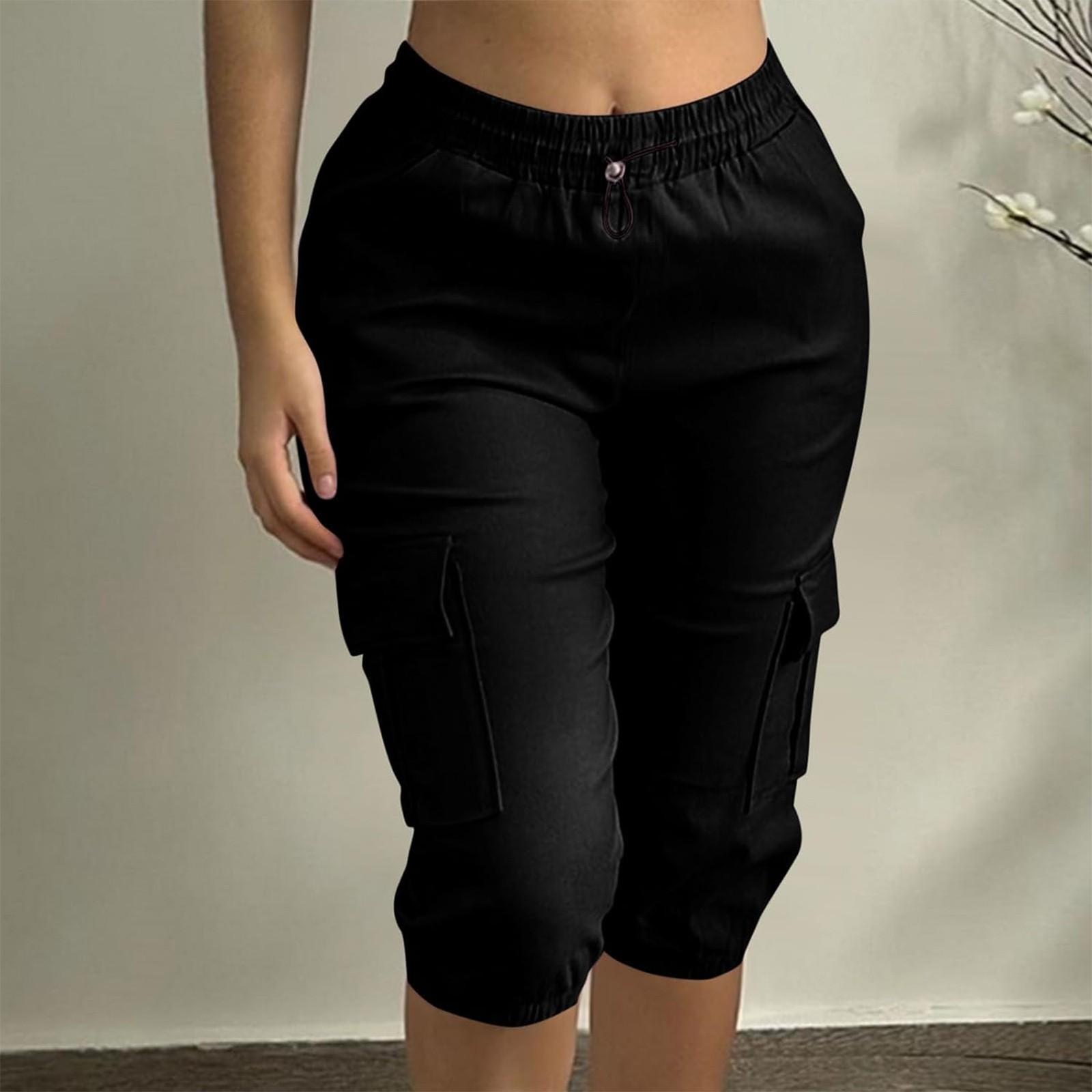 

Women s Casual Color Pocket Slim Fit Color Casual Elastic Waist Capris S чёрный