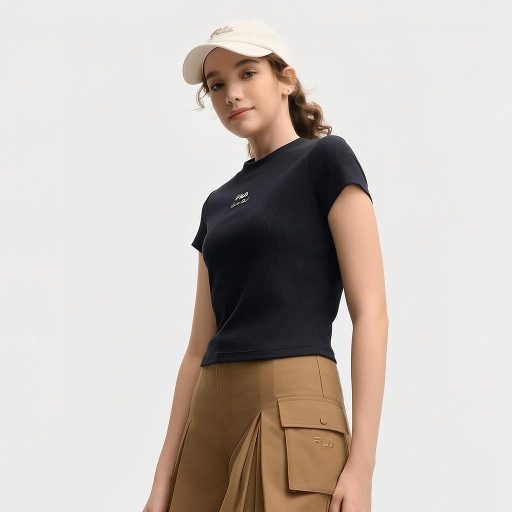 Fila Moda Original Versátil Simples Confortável Casual Retrô Tricotada Manga Curta Camiseta Mulher Camiseta Azul Lendário F11W539103FNV