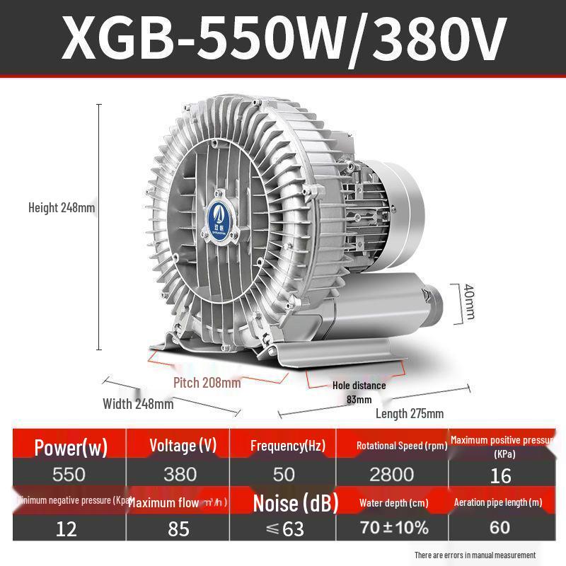 Industrial High-Pressure Vortex Fan Blower Air Pump for Fish Pond Aeration, 220V, 380W