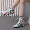Sweet Women Ankle Boots Pink Red White Flower Print High Block Heels Casual Party British Lady Lace-up Winter Plush Short Boots