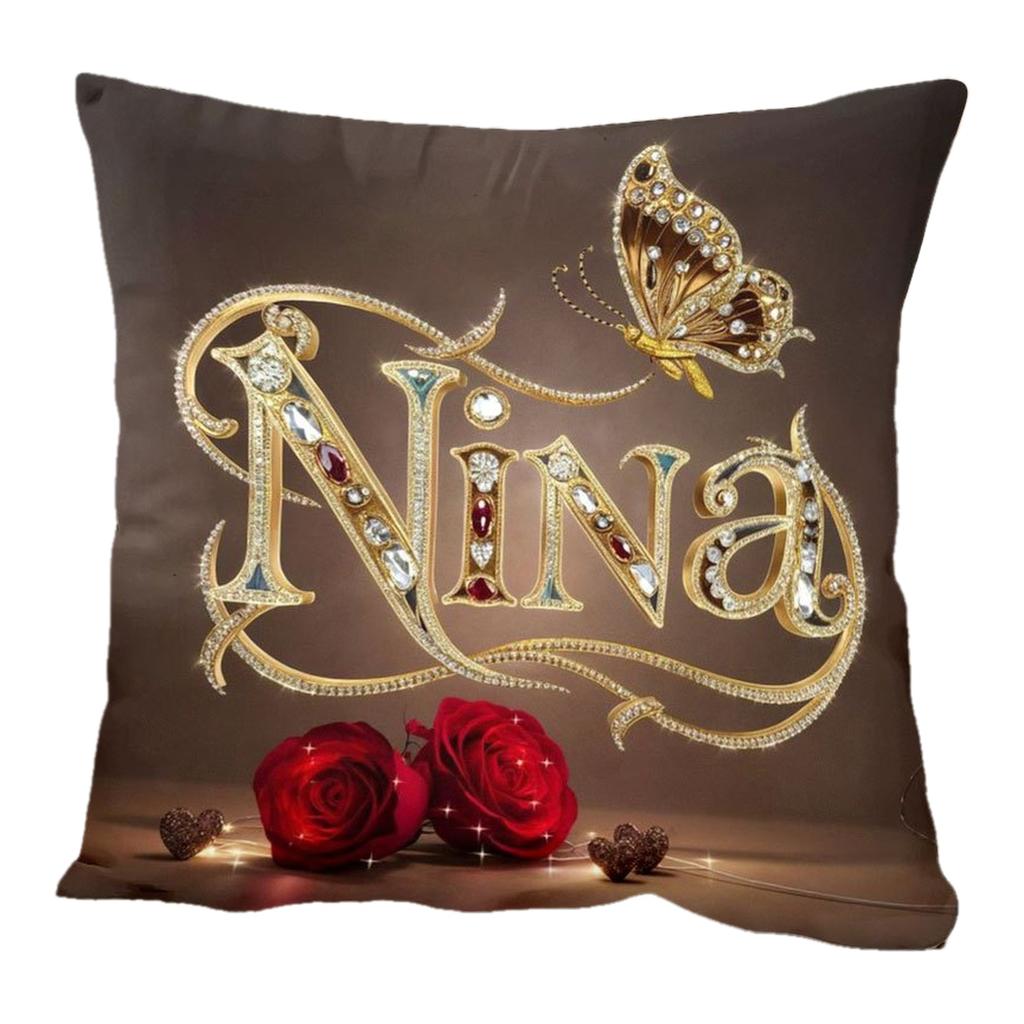 1pc Nina Name Pillowcase with Red Roses and Golden Jewelry Letters - Soft Smooth Polyester Velvet Fabric, Single-Sided Printed Pattern, Luxury Sofa, B