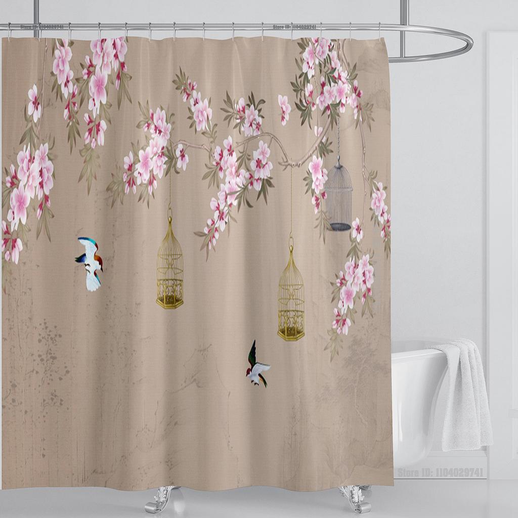 Chinese Style Flower and Birds Tree Shower Curtains Crane Pattern Bath Curtain Waterproof Bathroom Decor With Hooks 3d Printing