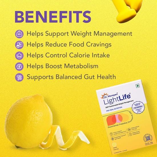 Dr. Morepen LightLife Pre-Meal Nutrition Mix | Controls Appetite & Reduces Cravings | For Men & Women | 60 Sachets | Lemon Flavors