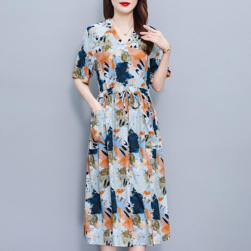 Elegantes Sommerkleid für Damen Vintage Kleidung Übergröße Lässig Kurzarm Langes Kleid