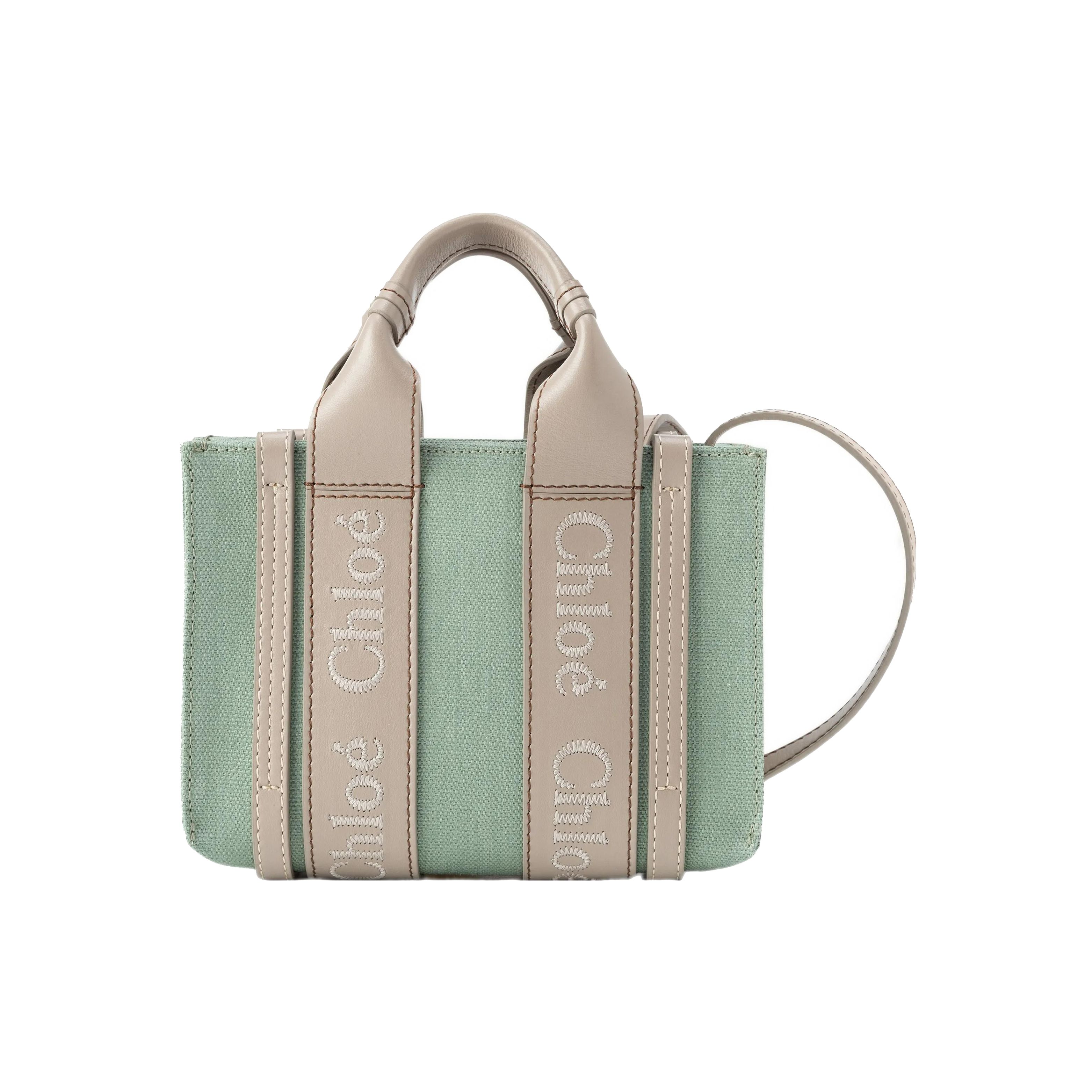 Chlo&eacute; Chloe Woody Logo Geborduurd Effen Kleur Linnen Canvas En Glanzend Kalfsleer Tote Bag Boodschappentas Schoudertas Crossbody Handtas Mini CHC23-SP237J27-37J Basic Set (Bag+Dust Bag)