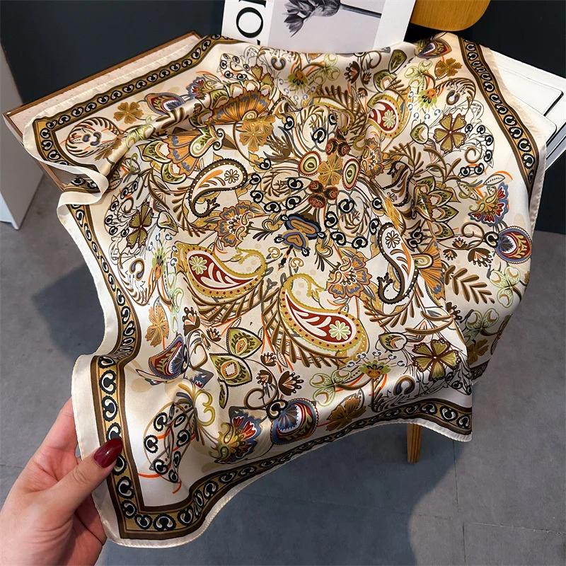 Fashion Paisley Print Luxury Brand Silk 70cm Square Scarf Women Satin Shawls Neckerchief Wrap Scarves Bandana Hair Hjiab Floral