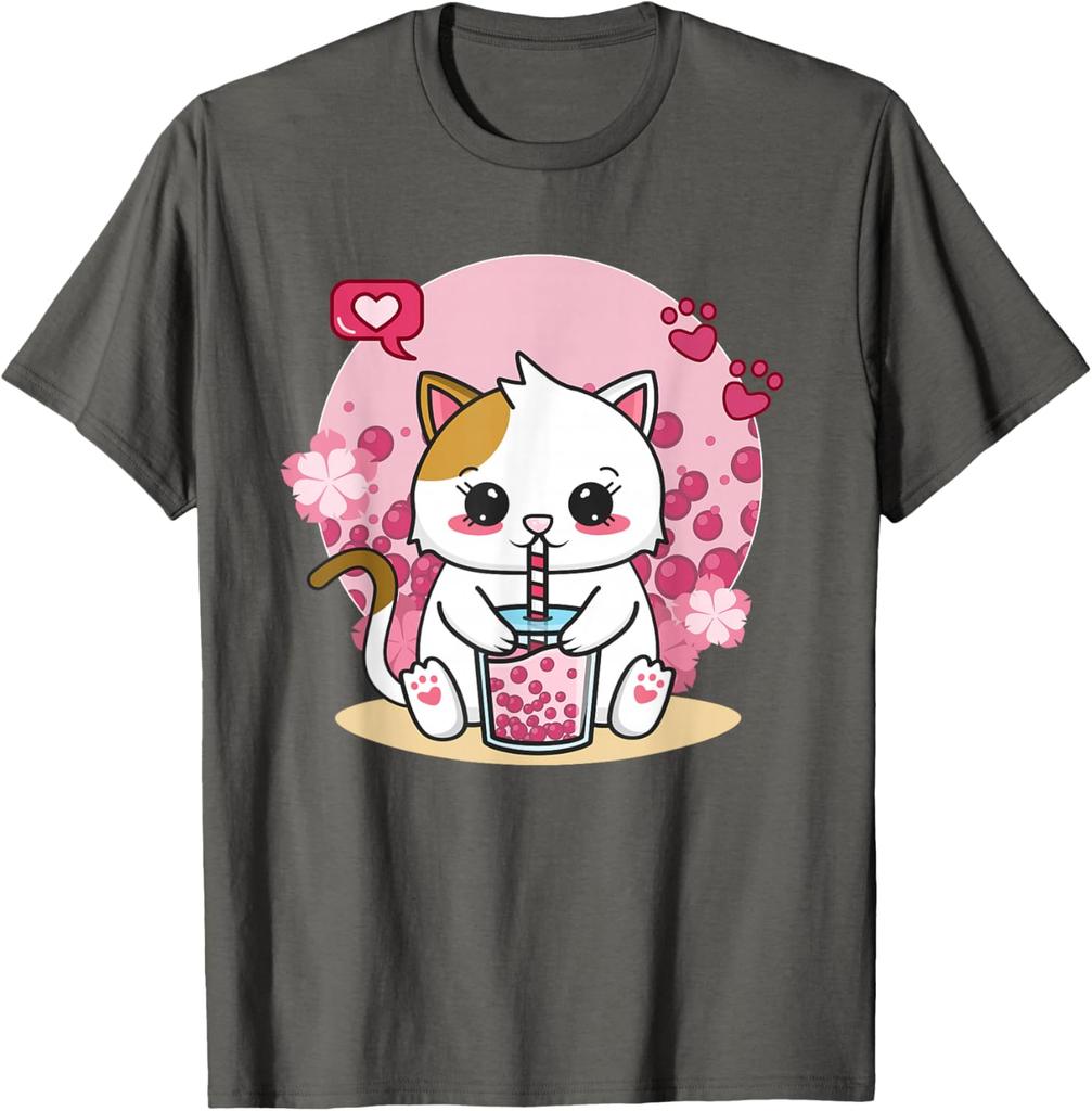 Kawaii Cat Boba Tea Drink Lover Graphic Tee Cute Anime Neko Kitten T-Shirt Unisex Casual Trip