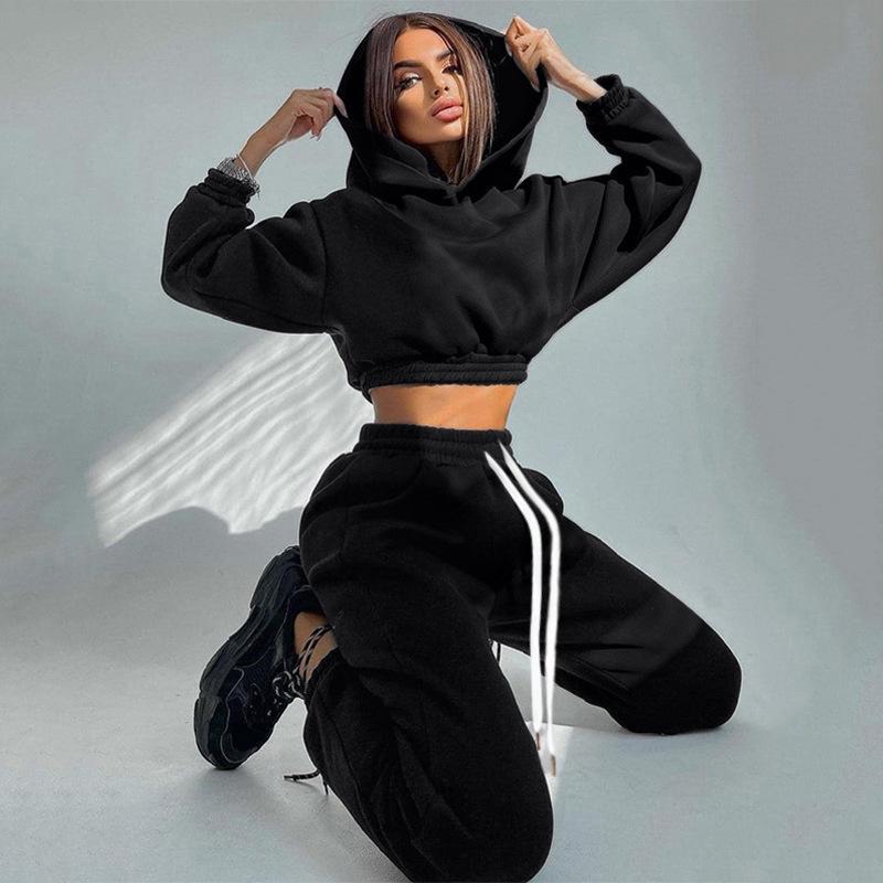 

Новый модный женский спортивный костюм-худи: Свитшот с флисовой подкладкой с коротким/длинным рукавом для осени/зимы XL чёрный