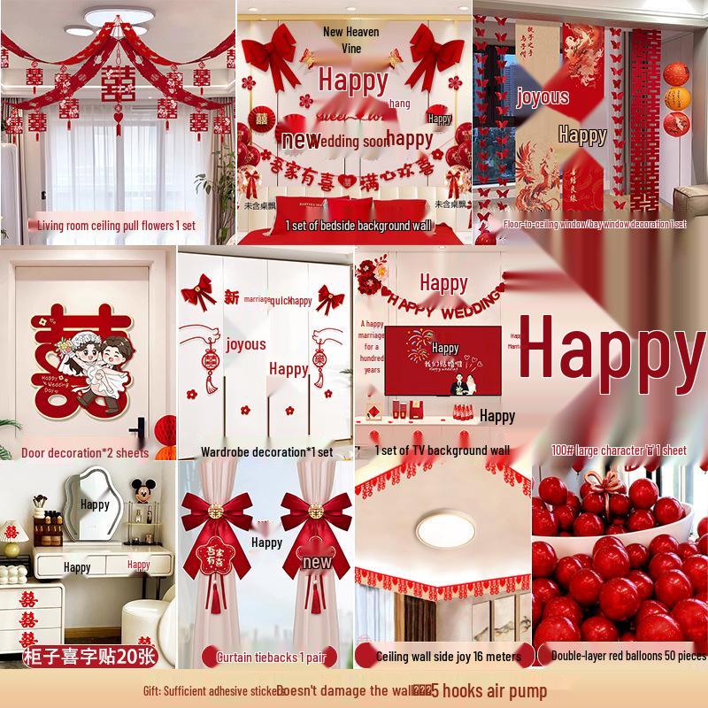 Bridal Bedroom & Living Room Decoration Set: Double Happiness Wall Stickers for Newlyweds