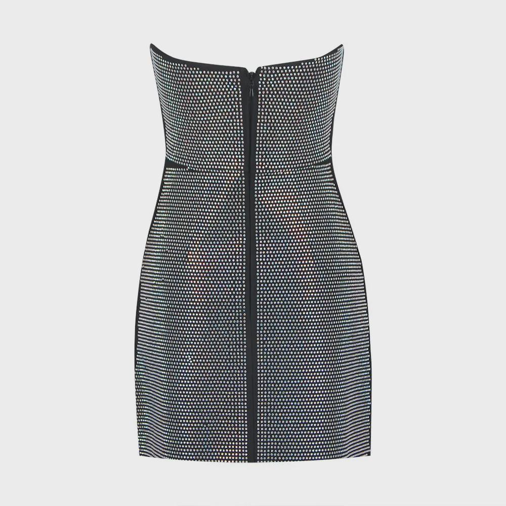 2023 Sexy Tube Top Backless Mesh Splicing Rhinestone Bandage Dress